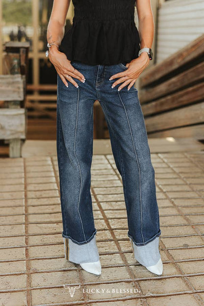Women's High Rise Contrast Cuff Straight Leg Jeans