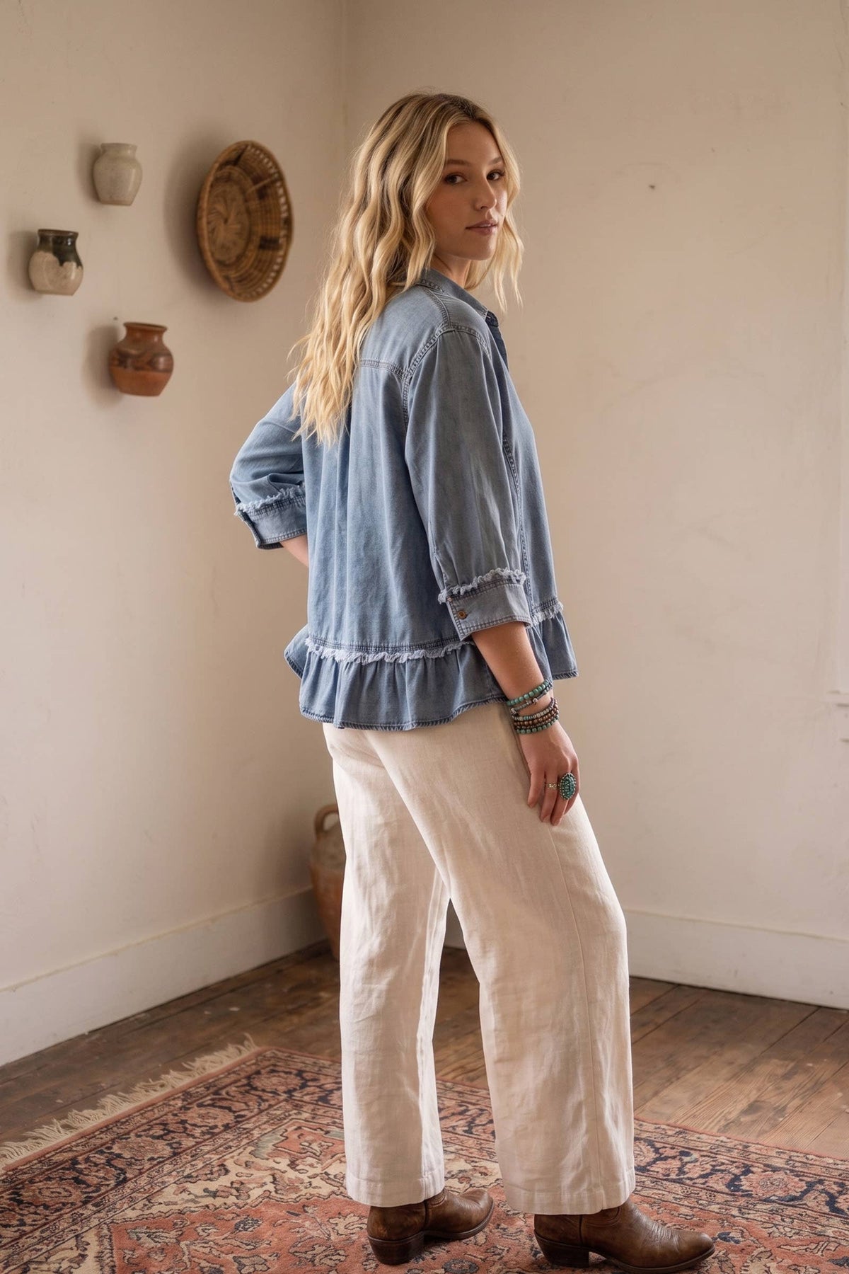 Women's Ruffle Hem Denim Shirt