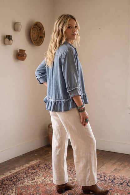 Women's Ruffle Hem Denim Shirt