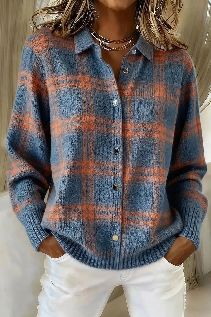 Women's Plaid Knit Button-Up Cardigan - Blue