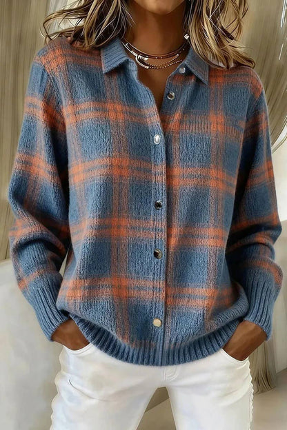 Women's Plaid Knit Button-Up Cardigan - Blue
