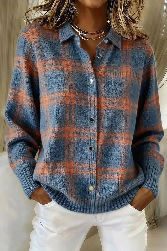 Women's Plaid Knit Button-Up Cardigan - Blue
