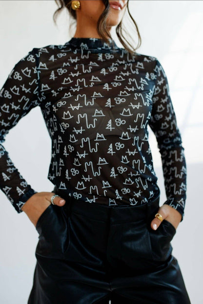 Women's Black Brand Sheer Top