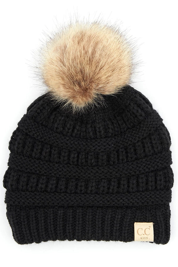 C.C. Kids Solid Ribbed Beanie with Pom