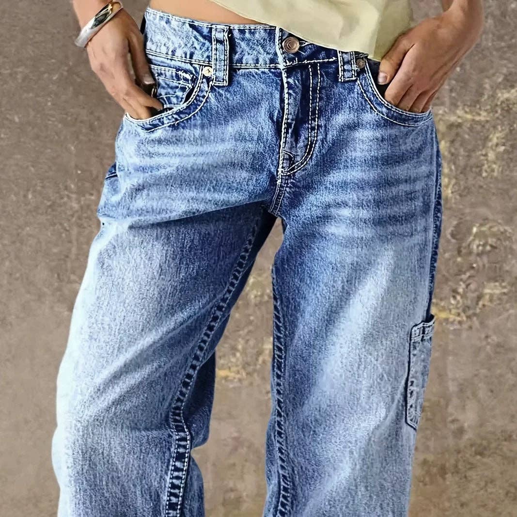 Women's High Waisted Wide Leg Cargo Jeans - Vintage Wash