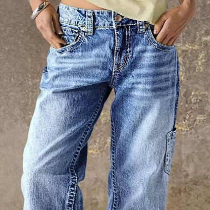 Women's High Waisted Wide Leg Cargo Jeans - Vintage Wash