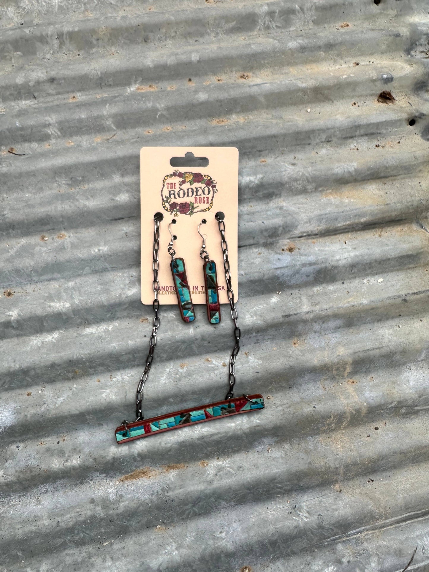 Mosaic Turquoise Leather Jewelry Set Cowgirl Rodeo Western Cowboy