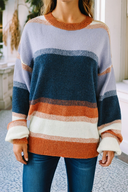 Women's Navy and Orange Color Block Sweater