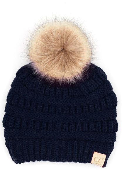 C.C. Kids Solid Ribbed Beanie with Pom