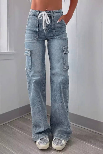 Women's Blue Pockets Straight Denim Jeans