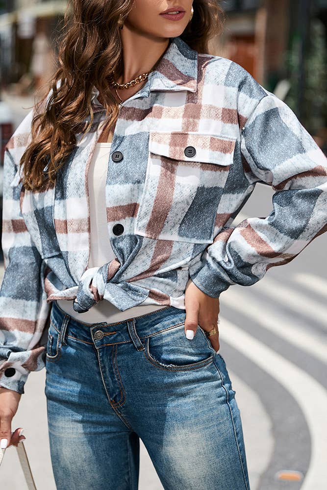 Women's Blue/Gray Plaid Print Button Up Shacket