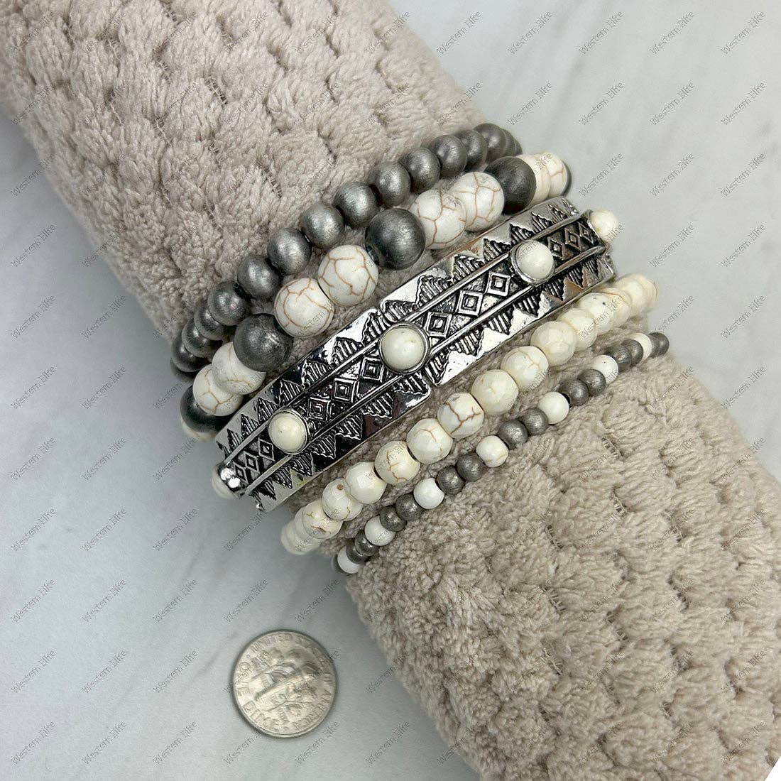 Silver Navajo Pearl Beads and White Turquoise Bracelet Sets