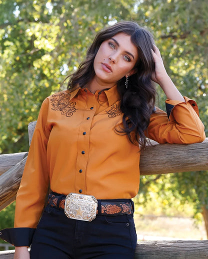 Women's Cruel Denim Copper Western Embroidery Snap Shirt