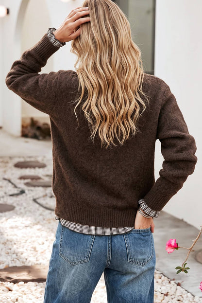 Women's Plaid Ruffle Trim Sweater - Chicory Coffee