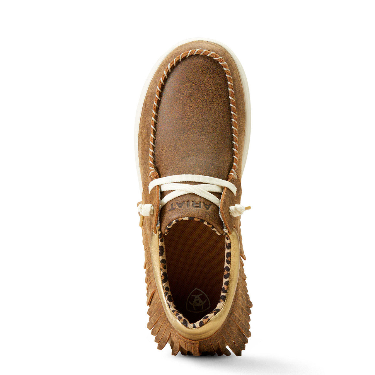 A brown leather shoe with white laces