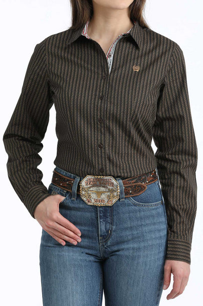 Women's Cinch Long Sleeve Western BROWN STRIPED PRINT