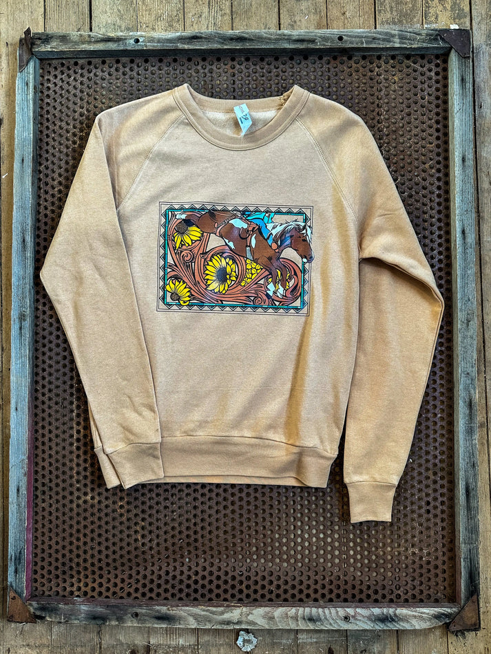 The Rodeo Rose Barback rider floral scroll crewneck