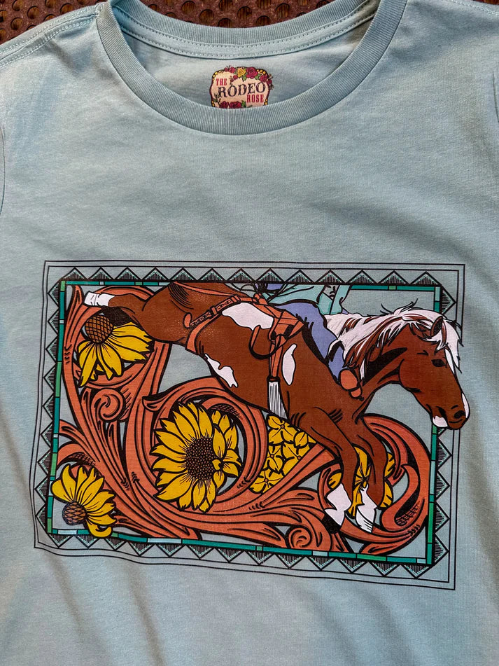 The Rodeo Rose Bareback rider floral scroll tee
