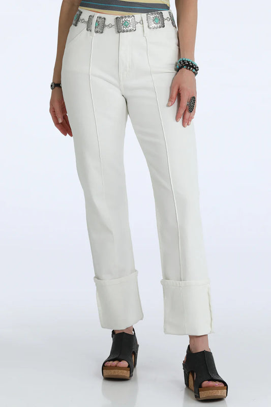 Women's Cruel Denim Quinn White Pin Tuck High Rise Relaxed Fit Straight Jeans