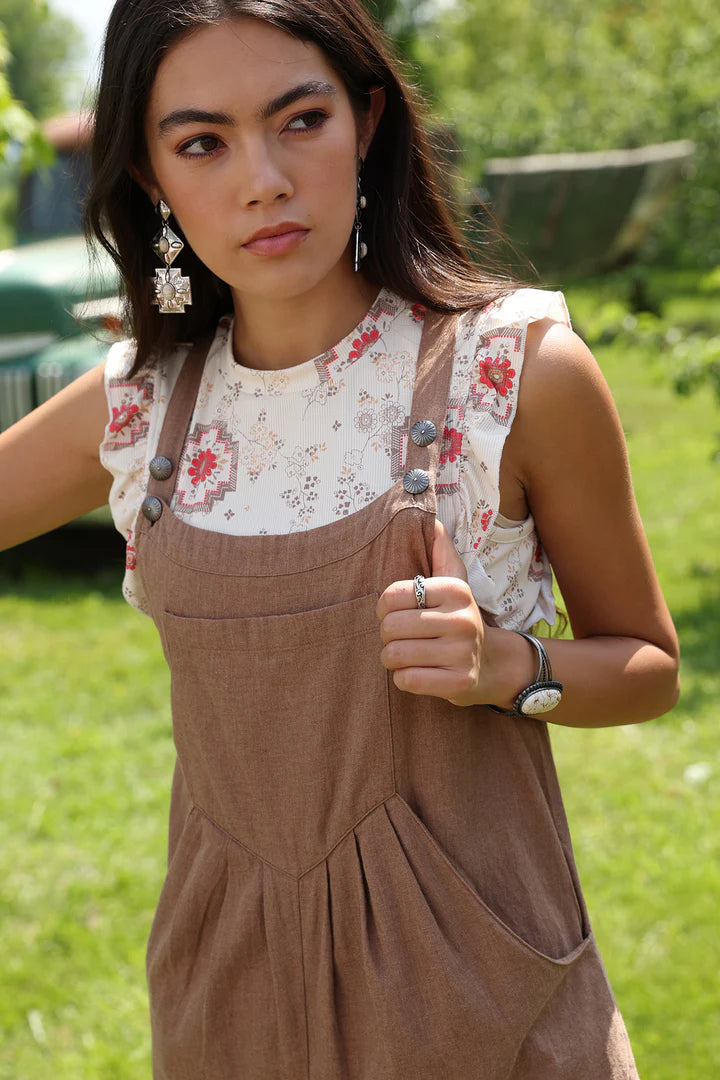 Women's Cruel Denim Cream Floral Rib Knit Tank Top