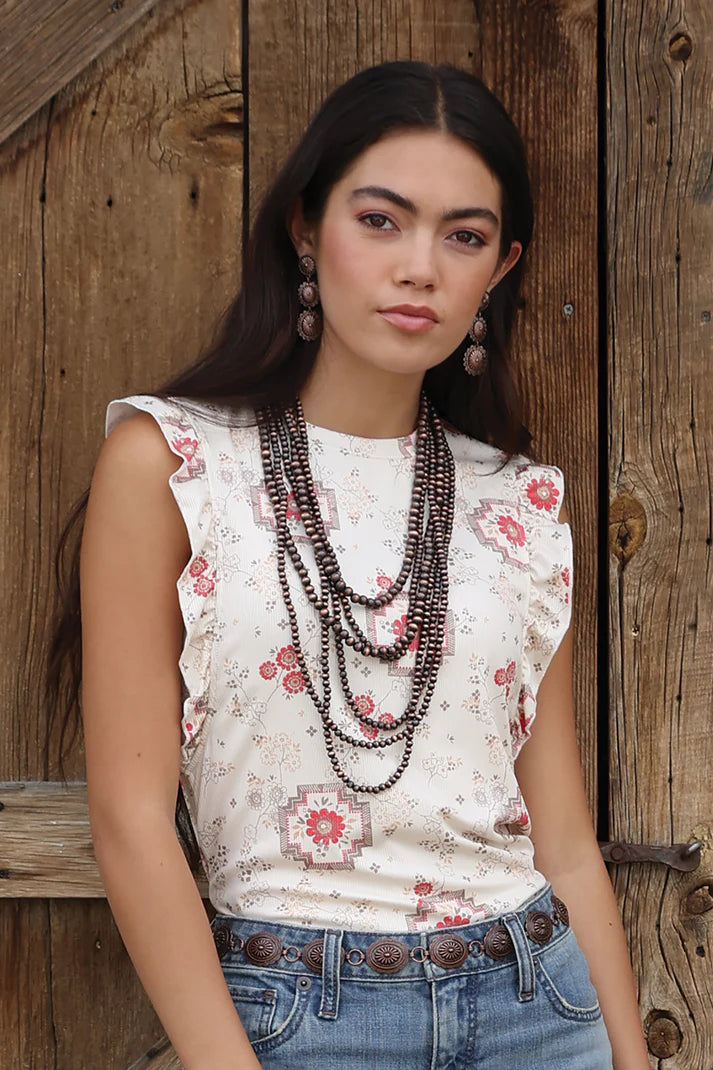 Women's Cruel Denim Cream Floral Rib Knit Tank Top