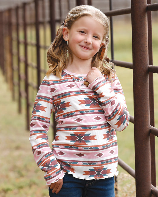 Girl's Cruel Girl Aztec Henley Blouse - Pink/White