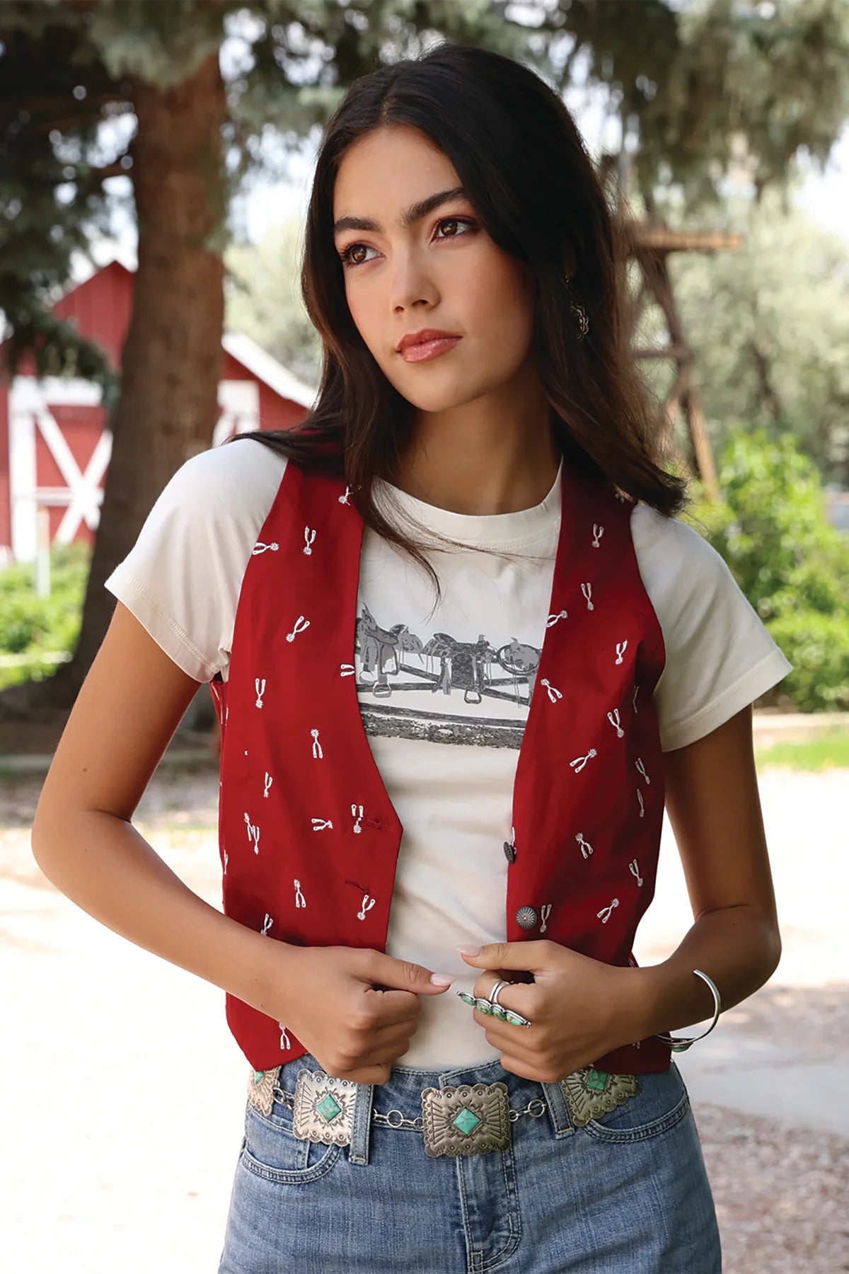 Women's Cruel Denim Red Spur Pattern Vest