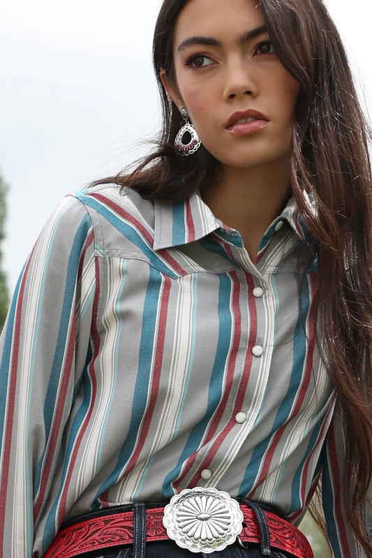 Women's Cruel Denim Stripe Snap Western Shirt - Blue and Red