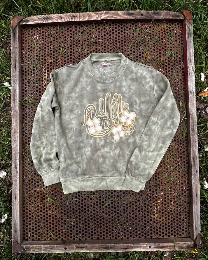 The Rodeo Rose Cactus floral crewneck sweatshirt in a washed sage green