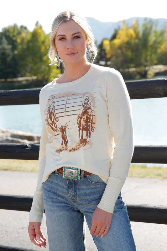 Women's Cruel Denim Cream Team Roping Graphic Sweater
