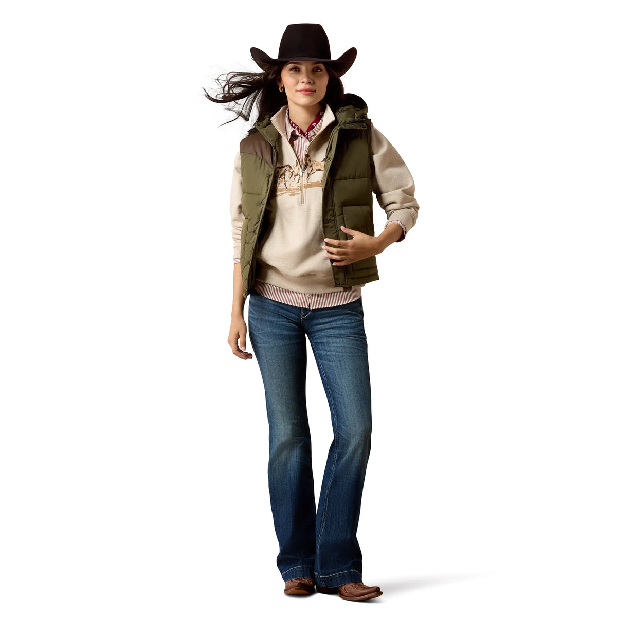 Women's Ariat Frontier Puffer Vest - Ivy Green with Chicory Coffee