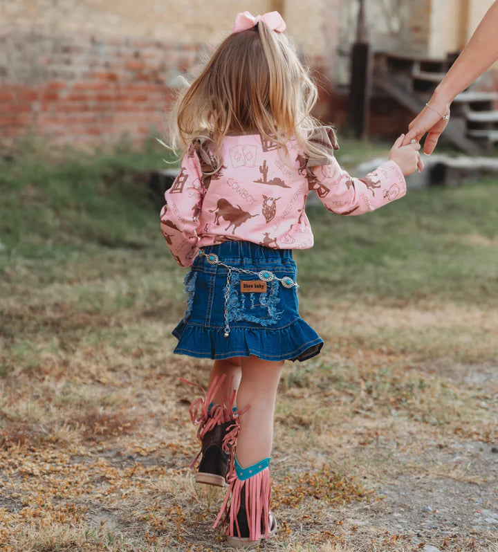 Girl's Shea Baby Pink Gambler Ruffle Long Sleeve Shirt Toddler