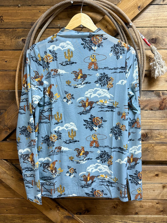 Women's Cruel Denim L/S Mock Neck Mesh Top Western Print