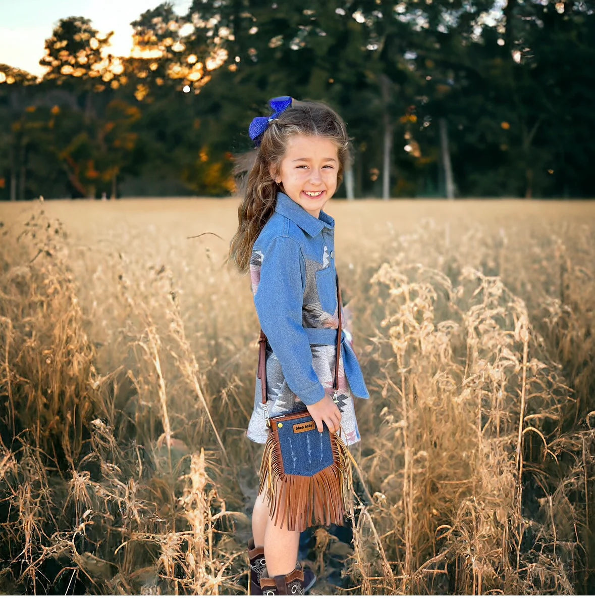 Girl's Shea Babe Denim Leather Fringe Handbag