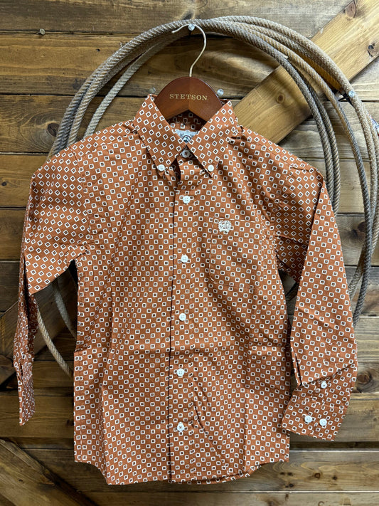 Boy's Cinch L/S Button Down Brown/White Square Print
