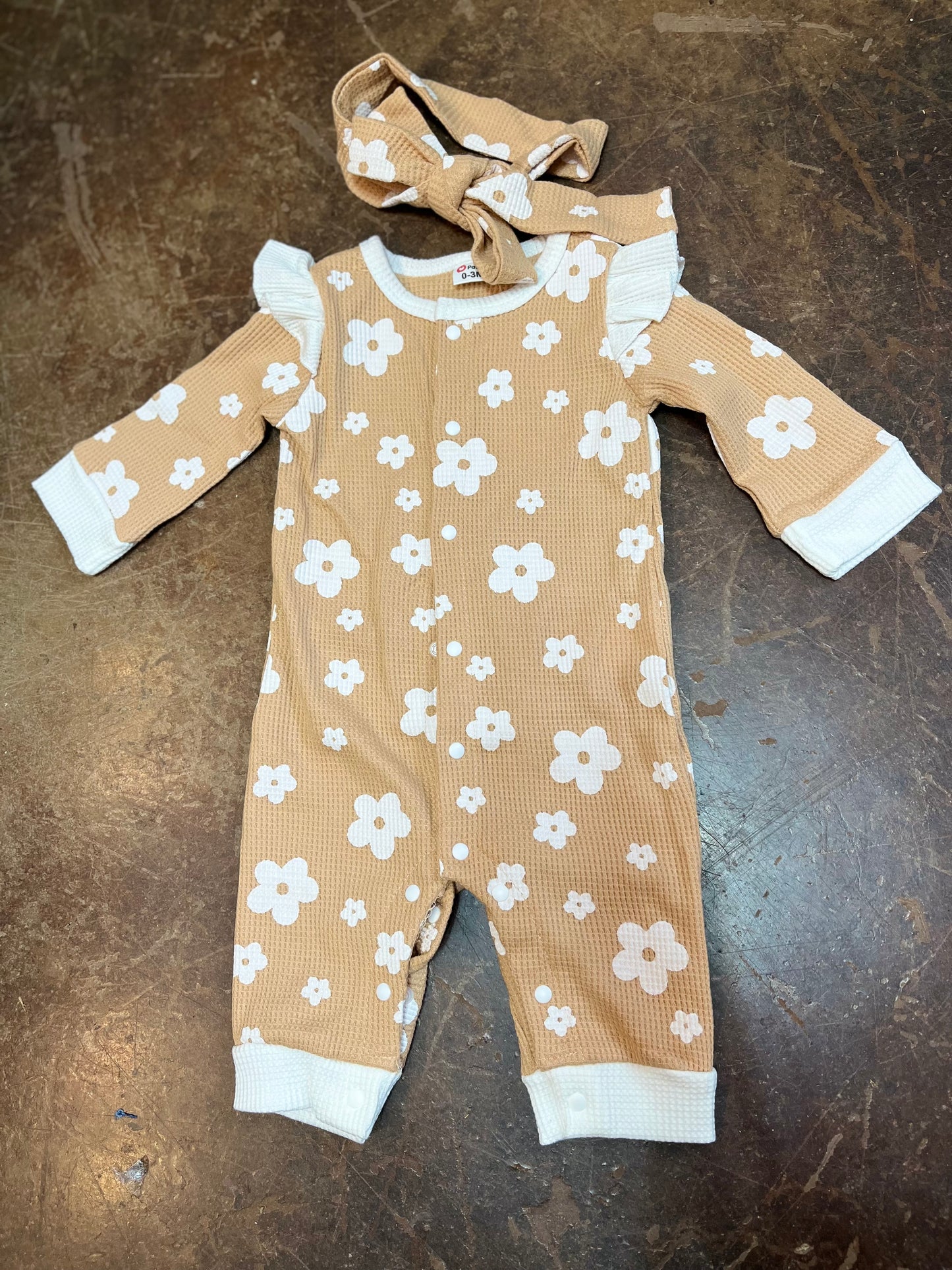 Girl's Baby Sweet Flutter Sleeve Jumpsuit with Big Flower and Headband