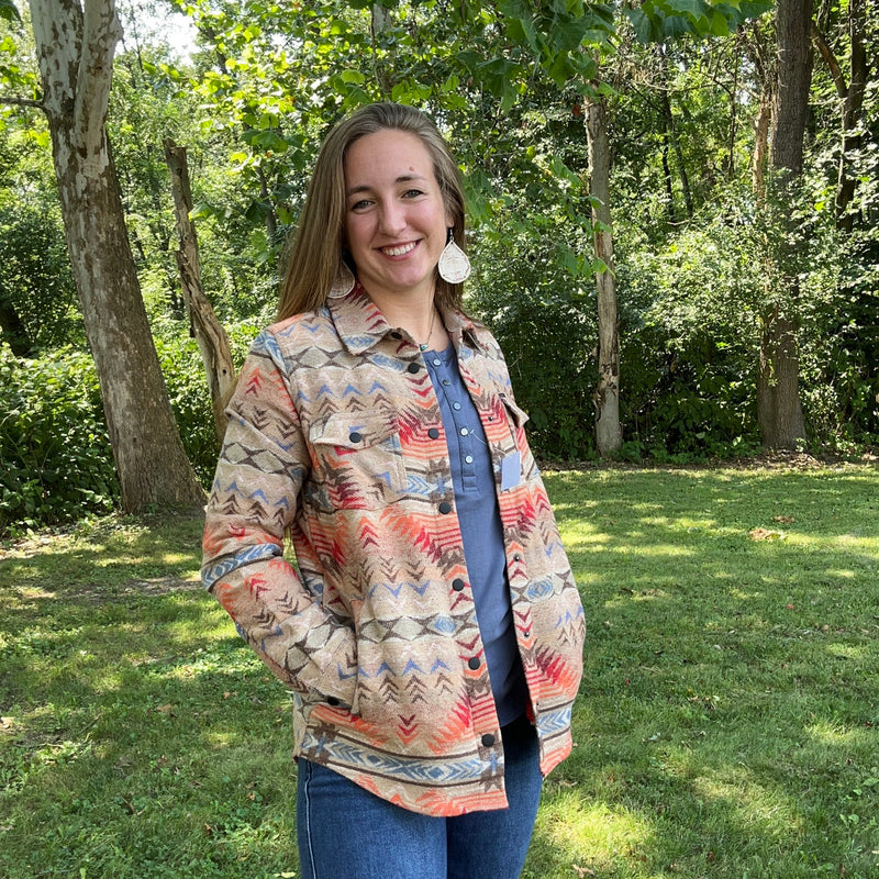 Women's Rock and Roll Dusty Tan and Powder Blue Aztec Long Shacket ...