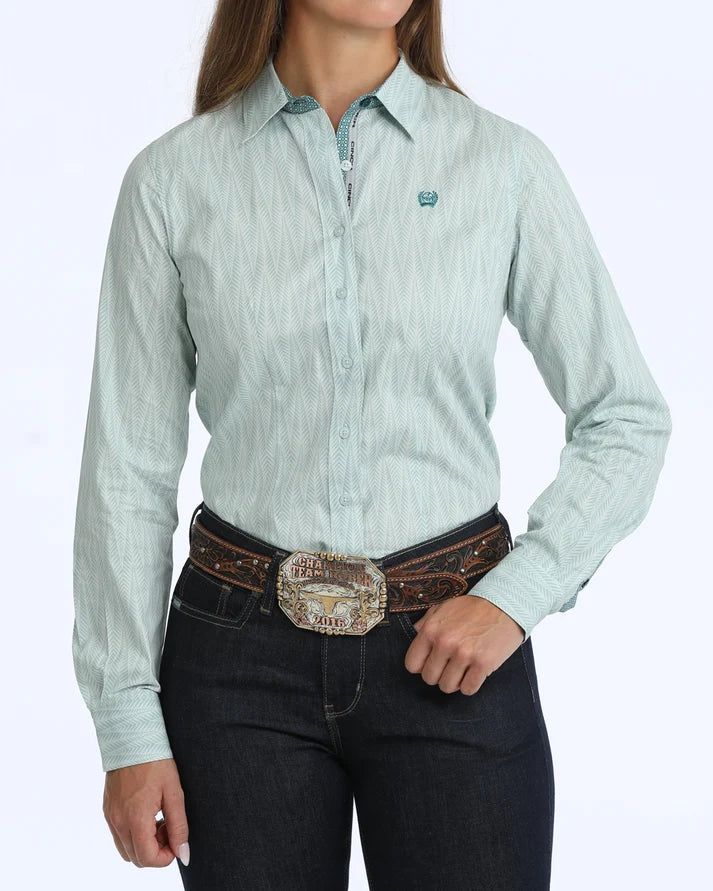 Women's Cinch Feather Print Western Shirt - Light Green