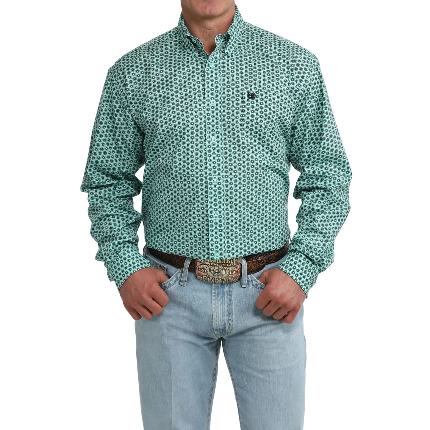 Men's Cinch Floral Geo Print Western Shirt - Teal