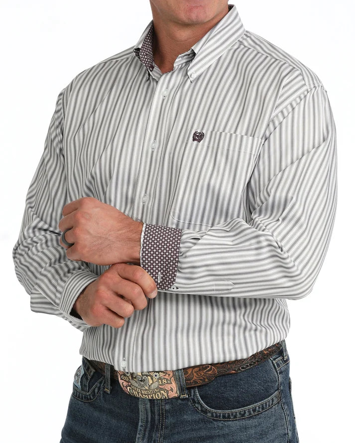 Men's Cinch White Stripe Classic Fit Button Long Sleeve Western Shirt