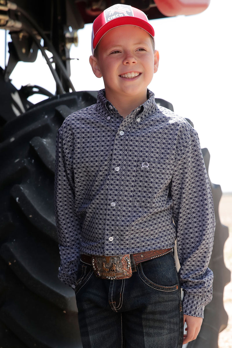 Boy's Cinch  ArenaFlex Long Sleeve Button Down Shirt - Navy and White