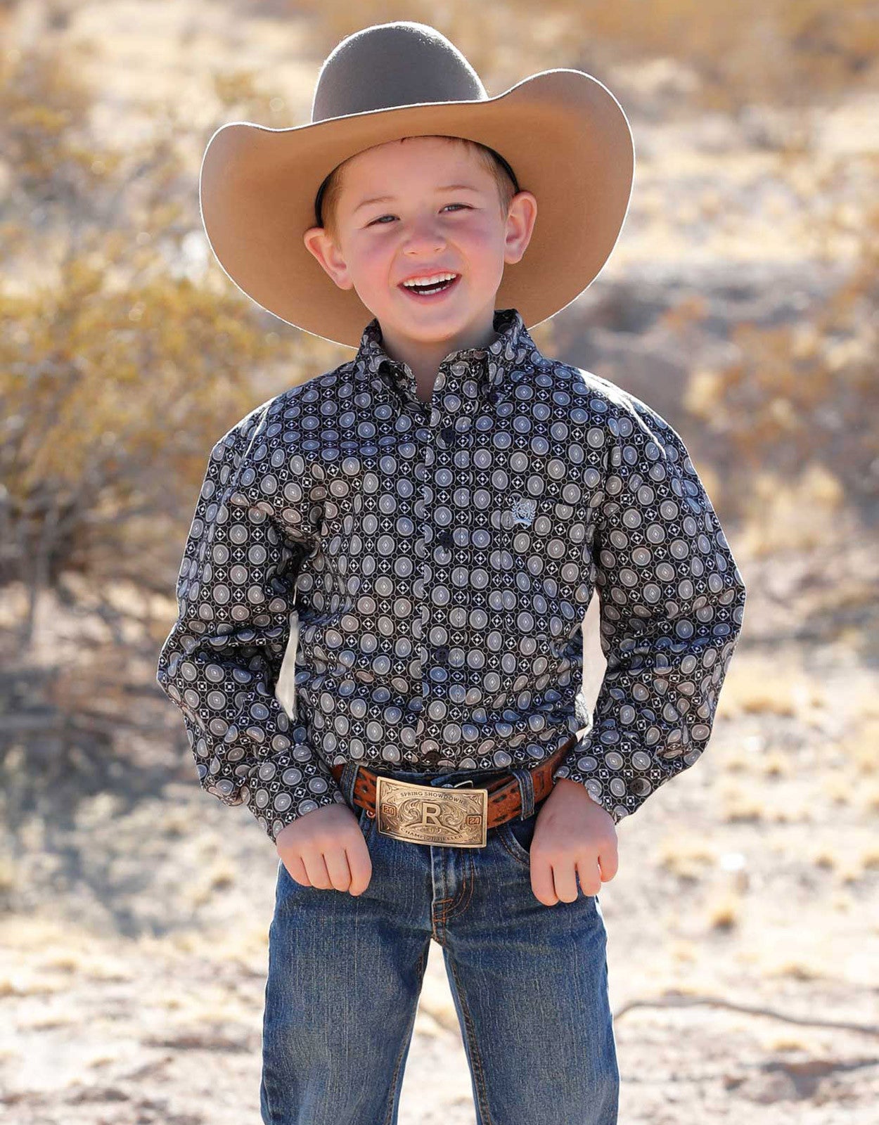 Boy's Cinch Long Sleeve Print Button Down Shirt - Brown/Grey