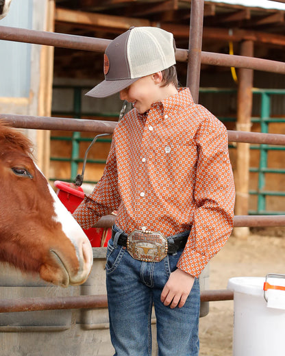 Boy's Cinch L/S Button Down Brown/White Square Print