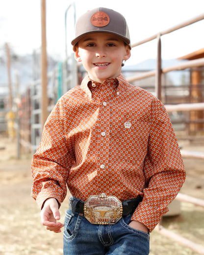 Boy's Cinch L/S Button Down Brown/White Square Print