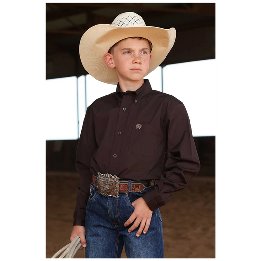 Boy's Cinch Long Sleeve Button Down - Brown Solid
