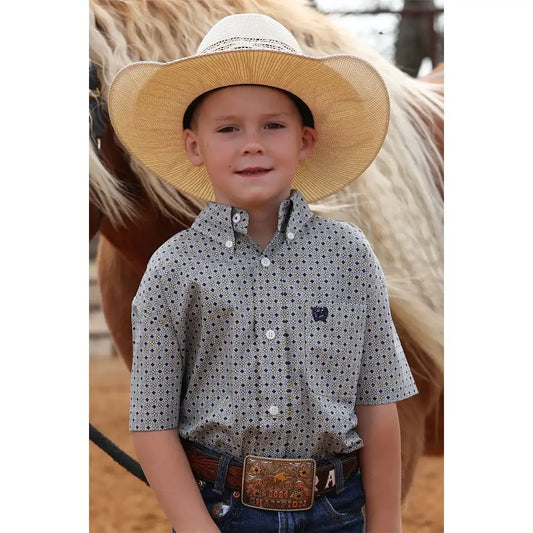 Boy's Cinch Short Sleeve Western Shirt - Blue Geometric