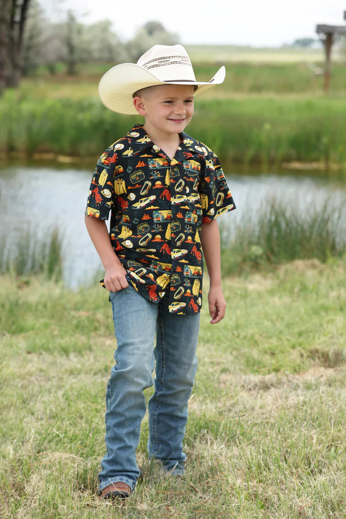 Boy's Cinch Black Short Sleeve Western Camp Shirt