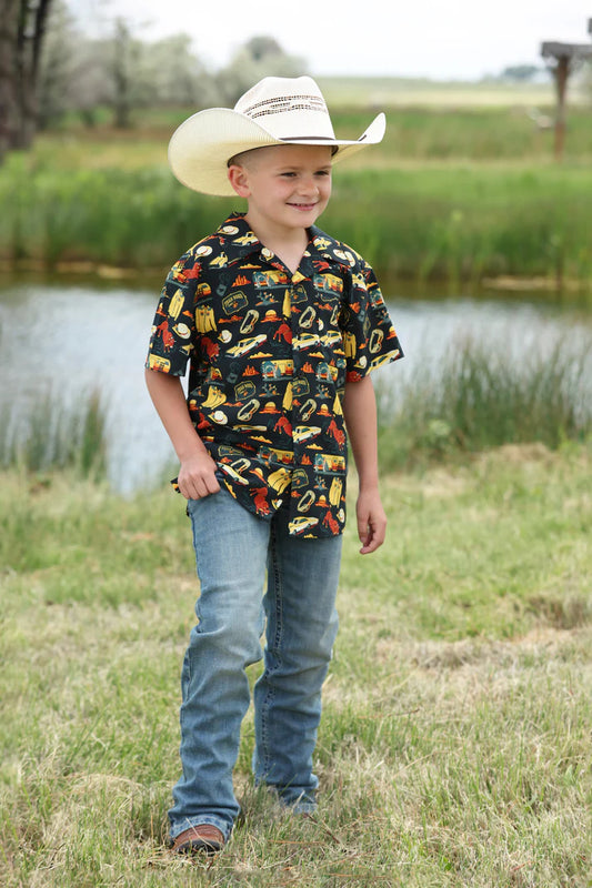 Boy's Cinch Black Western Rodeo Travel Print Button Short Sleeve Western Camp Shirt