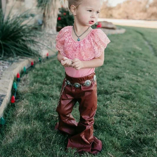 Girl's Shea Baby Brown Faux Leather Bell Pants