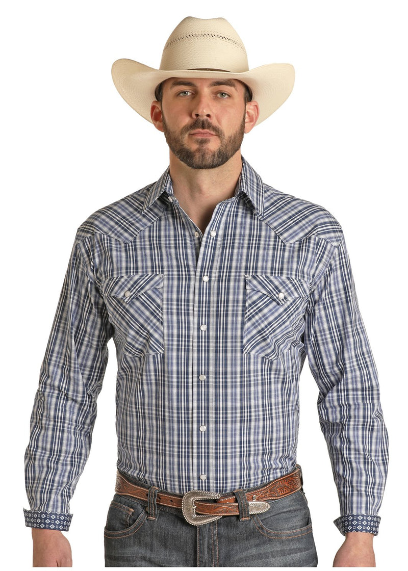 Men's Panhandle Rough Stock Western Long Sleeve Snap Button, Blue Plaid
